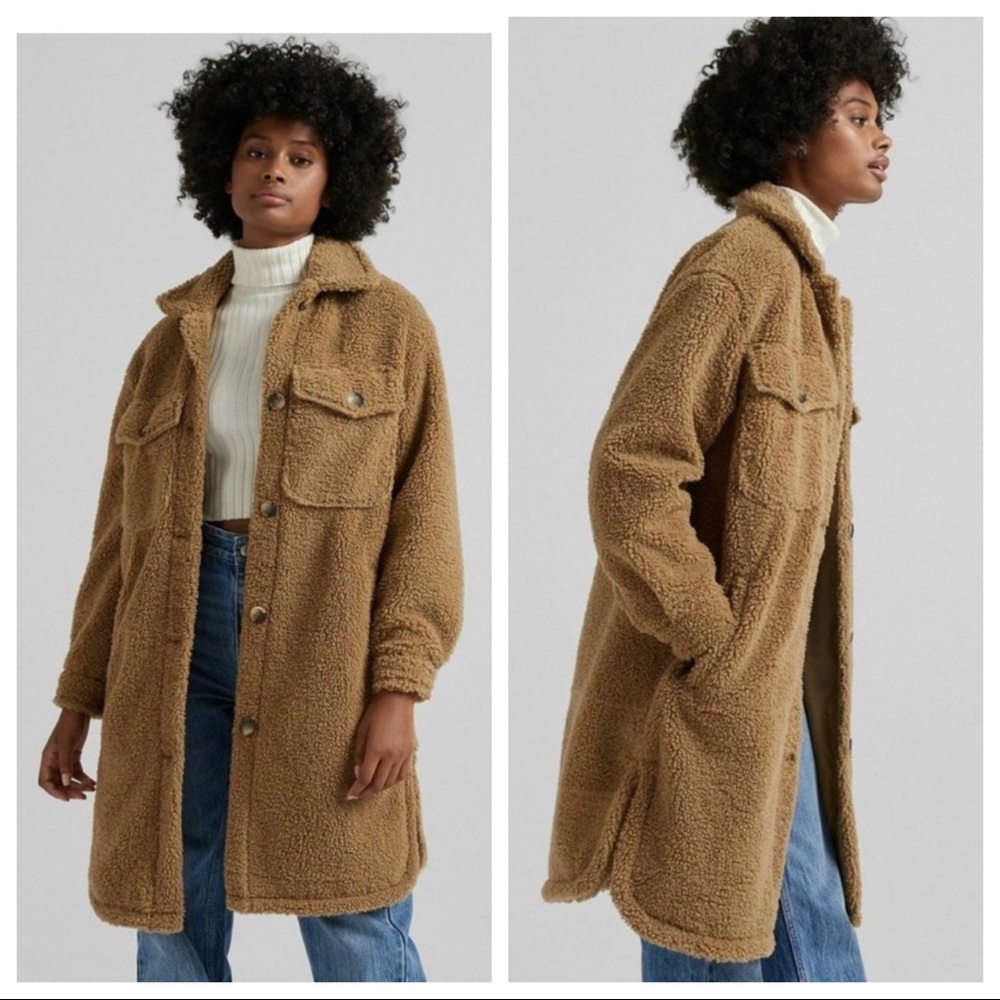 Rebecca Minkoff Long Brown / Tan Teddy Coat (Faux Sherpa) w/ Tortoise Buttonw